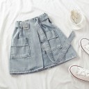 Fustă mini din denim pentru femei cu curea Cataramă pătrată mare Croi în formă de A Două buzunare aplicate Denim de bumbac Pentru purtare 2