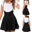Fustă mini neagră pentru femei cu bretele peste umeri și talie înaltă Fustă scurtă uni din poliester pentru tricou sau bluză 5