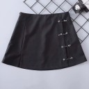 Fustă mini pentru femei cu agrafe decorative metalice Talia înaltă Partea din față pliată asimetric Fante pe lateral Bumbac Culoare neagră 2