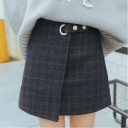 Fustă mini pentru femei, cu carouri, talie înaltă, croi asimetric, curea cu inel metalic, formă în A, material cu bumbac 2
