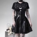 Fustă neagră lucioasă pentru femei din piele artificială cu bretele ajustabile încrucișate pe spate și inel metalic. Talia înaltă. Fermoar în față 3