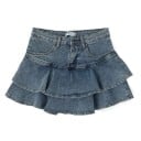 Fustă scurtă din denim albastru cu talie înaltă Fustă mini stratificată în linie A Fustă casual pentru femei cu talie înaltă Ținută elegantă 1