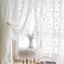 Gardiner med broderade blommor och sidofåll, 150 × 260 cm, genomskinlig linne, metallöglor, vit, för höga fönster och dörrar 2