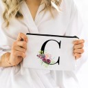 Geantă cosmetică pentru femei cu inițială și flori acquerel Albă, geantă plată cu fermoar din material Dimensiune 14 x 22 cm Fermoar negru pe toată 27