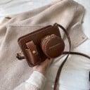 Geantă de damă crossbody în formă de cameră foto Buzunar rotund cu fermoar Buzunar mic cu capse Curea lată cu model leopard 2