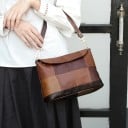 Geantă de damă din piele naturală Patchwork în nuanțe de maro Ușă scurtă și curea lungă pentru umăr Clapă Buzunar din spate cu fermoar 29 x 19 x 11 cm 5