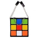 Geantă de damă în formă de cub colorat Suprafață lucioasă din piele artificială Mânere din lanț metalic Capac cu fermoar Dimensiuni 14,5 x 14,5 x 14,5 3