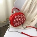 Geantă de damă ovală crossbody cu capse metalice din piele PU Ureche superioară Bretea cu lanț Închidere cu fermoar Dimensiuni 20 x 16 x 10 2