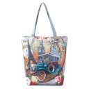 Geantă de pânză pentru femei cu motive ale monumentelor mondiale și flori Geantă de cumpărături cu mânere gri Pânză și poliester 27 x 38 x 11 cm 4