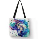Geantă de umăr pentru femei cu motiv acuarelă de cal din in și poliester Forma pătrată de 40 x 40 cm Mânere lungi negre Imprimare artistică 4