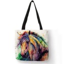 Geantă de umăr pentru femei cu motiv acuarelă de cal din in și poliester Forma pătrată de 40 x 40 cm Mânere lungi negre Imprimare artistică 6