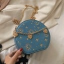 Geantă de umăr rotundă pentru femei cu motive aurii de stele și lună Lanț decorativ cu inimioare Curea din lanț aurie din piele PU 17 x 16 x 3