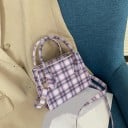 Geantă mini pentru femei de mână și pe umăr cu model cu carouri Două mânere scurte și curea lungă cu carabină din piele PU 17 x 13,5 x 7 cm 2