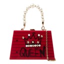 Geantă rigidă de damă de mână 23 x 20 x 6 cm Imprimare de hârtie cu linii cu coroană și inscripția Queen Ureche din perle Lanț auriu 7