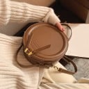 Geantă rotundă pentru femei, cu ureche superioară și bretea pe umăr, fermoar cu două cursorii, din piele PU și poliester, 20 x 20 x 8 cm 8