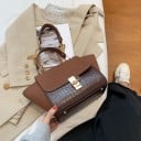 Geantă trapezoidală pentru femei, de purtat în mână sau pe umăr Piele artificială cu model de crocodil și aspect de velur Lacăt auriu 34 x 4