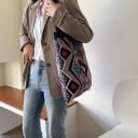 Geantă tricotată pentru femei, stil etno, model geometric din romburi, mânere lungi, margine superioară ribbată, material lână 35 x 38 7