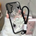 Genomskinligt fodral med handledsrem för Samsung Galaxy A35 5G Hållbart Kattmotiv med rosetter och kopp Svarta kanter Kameraskydd Fodral 5