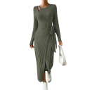 Geribbelde gebreide jurk met lange mouwen en riem Elegante stretch midi-jurk met split en asymmetrische halslijn 7