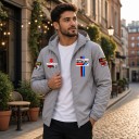 Giacca a vento da uomo con cappuccio e zip a tutta lunghezza con grande motivo di squadra e strisce colorate sulla schiena in stile 2