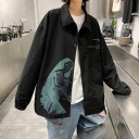 Giacca ampia con bottoni, colletto alla camicia e grande stampa astratta Maniche arricciate Stampa testuale sul petto e sulla schiena Cotone 2
