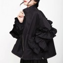 Giacca autunnale donna nera Maniche larghe con volants Col alto Chiusura con zip Vestibilità ampia ed espansa Poliestere con cotone 3