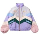 Giacca bomber da donna in colori pastello Strisce colorate spezzate Colletto alto con cordino Chiusura con zip Due tasche Polsini e orlo elasticizzati 1