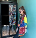 Giacca bomber primaverile da donna con paillettes colorate Motivii geometrici Bordo arcobaleno Colletto Stile più lungo e morbido Chiusura 5