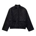 Giacca corta da donna con paillettes lucide e colletto, con tasche a pattina e chiusura nascosta, per la città e per la festa 1