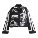 Giacca corta da donna con zip, colletto e strisce decorative con fibbie sulle maniche, taglio ampio, taglia universale 1