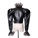 Giacca corta da donna in ecopelle nera con maniche arricciate, colletto alto con volant, volant trasparenti sulle maniche e grande fiocco in vita 3