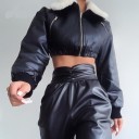 Giacca corta nera da donna in pelle sintetica con colletto in peluche bianco Chiusura con zip Orlo elastico in vita Polsini a coste Maniche lunghe 3