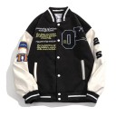 Giacca da baseball per uomini e donne con patch e scritte ricamate Maniche a contrasto Collo e polsini a coste con strisce Chiusura 1