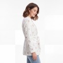 Giacca da donna con cintura da annodare Motivo floreale piccolo Tessuto strutturato Rever Poliestere Bianco con fiori rosa Per primavera e estate 2