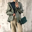 Giacca da donna in pelle sintetica in stile trench corto Grigio Verde Vestibilità ampia Cintura da legare in vita Spalline Maniche con fibbie 3