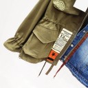 Giacca da donna in stile army con metà in denim Khaki cotone e denim blu Lacci in vita e sulle maniche Tasche con patta e toppe 4