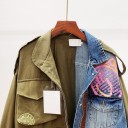 Giacca da donna in stile army con metà in denim Khaki cotone e denim blu Lacci in vita e sulle maniche Tasche con patta e toppe 5