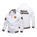 Giacca da moto retro da uomo con zip e colletto alto e coste a righe su colletto e polsini con scritta sulla schiena in stile corsa 1