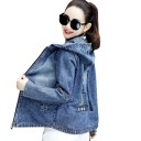 Giacca di jeans da donna con cappuccio e zip a tutta lunghezza Ricamo con torre dell'orologio sulla schiena Tasche frontali Denim blu lavato 2