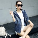 Giacca di jeans da donna con cappuccio e zip a tutta lunghezza Ricamo con torre dell'orologio sulla schiena Tasche frontali Denim blu lavato 4