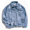 Giacca di jeans da donna con grande motivo di un cane ringhiante sulla schiena Dettagli strappati Bottoni metallici Taglio classico Blu chiaro 2