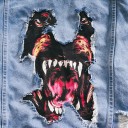 Giacca di jeans da donna con grande motivo di un cane ringhiante sulla schiena Dettagli strappati Bottoni metallici Taglio classico Blu chiaro 4