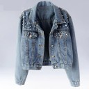 Giacca di jeans da donna con perle sulle spalle e tasche Taglio classico con colletto Chiusura con bottoni Maniche lunghe Cotone e poliestere 3