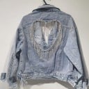Giacca di jeans da donna con schiena scoperta Próstro di cuore Frange di pietre Maniche decorate Denim azzurro chiaro in cotone e poliestere 3