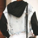 Giacca di jeans da donna corta con maniche e cappuccio neri Denim blu chiaro Orlo sfrangiato Aspetto strappato Tasche sul petto Cotone 2