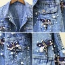 Giacca di jeans da donna decorata con perline e libellule con pietre Tasca sul petto con pattina Chiusura con bottoni Azzurro chiaro Poliestere 4