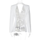 Giacca elegante da donna con colletto e tasche Giacca monocolore con taglio sulla schiena e fibbia regolabile in poliestere e spandex Giacchino alla moda 11