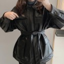 Giacca in pelle da donna con cintura P1467 3