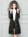 Giacca in pelle lunga da donna per l'inverno con cappuccio e pelliccia sintetica Trapuntatura a forma di V Vestibilità aderente Zip 3