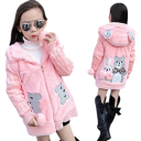 Giacca in peluche invernale per ragazze Chiusura con zip Tasche con orsetto Cappuccio con pelliccia e orecchie Immagine di un orso e un coniglio sulla schiena Cotone Poliestere 9